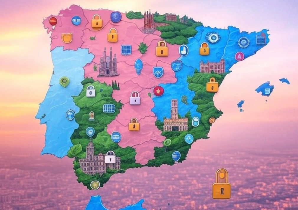 Abordamos la cuestión del ciberespacio en España. Una ilustración que representa un mapa digital de España con iconos de ciberseguridad, innovación y sostenibilidad. 