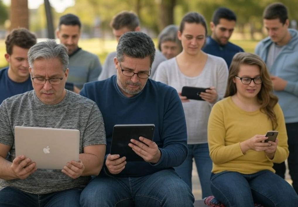 Una ilustración que represente a personas de diferentes edades y contextos utilizando dispositivos digitales de manera segura y responsable, simbolizando la inclusión y la alfabetización digital en España.