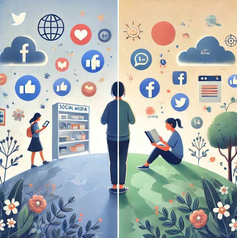 Una ilustración que muestra a una persona dividida entre un mundo digital (con iconos de redes sociales) y un mundo real (con actividades como leer o pasear). La imagen debe transmitir el equilibrio entre ambos mundos.