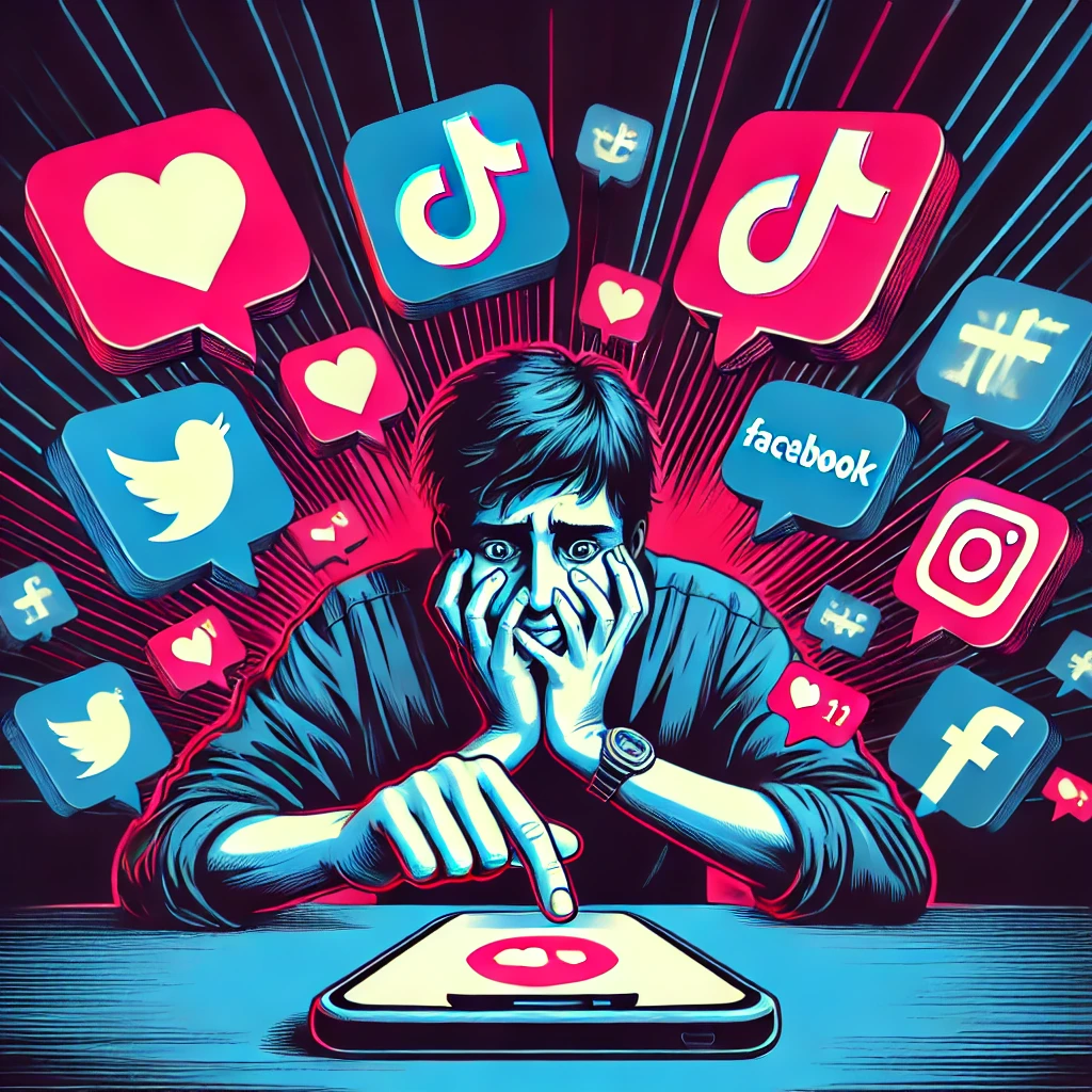 na persona mirando su teléfono móvil, rodeada de iconos de redes sociales (Instagram, TikTok, Facebook) que parecen 