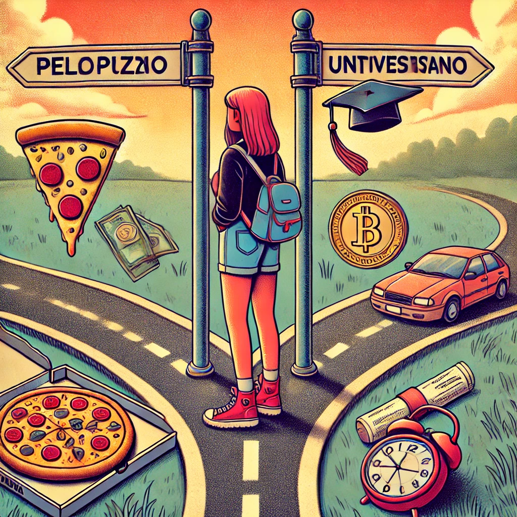 Una ilustración que muestra a una persona dividida entre dos caminos: uno un teléfono móvil, una pizza, dinero y otro con símbolos un diploma, una hucha, un reloj. El de la izquierda es la recompensa instantánea y el de la derecha el de la recompensa retardada.