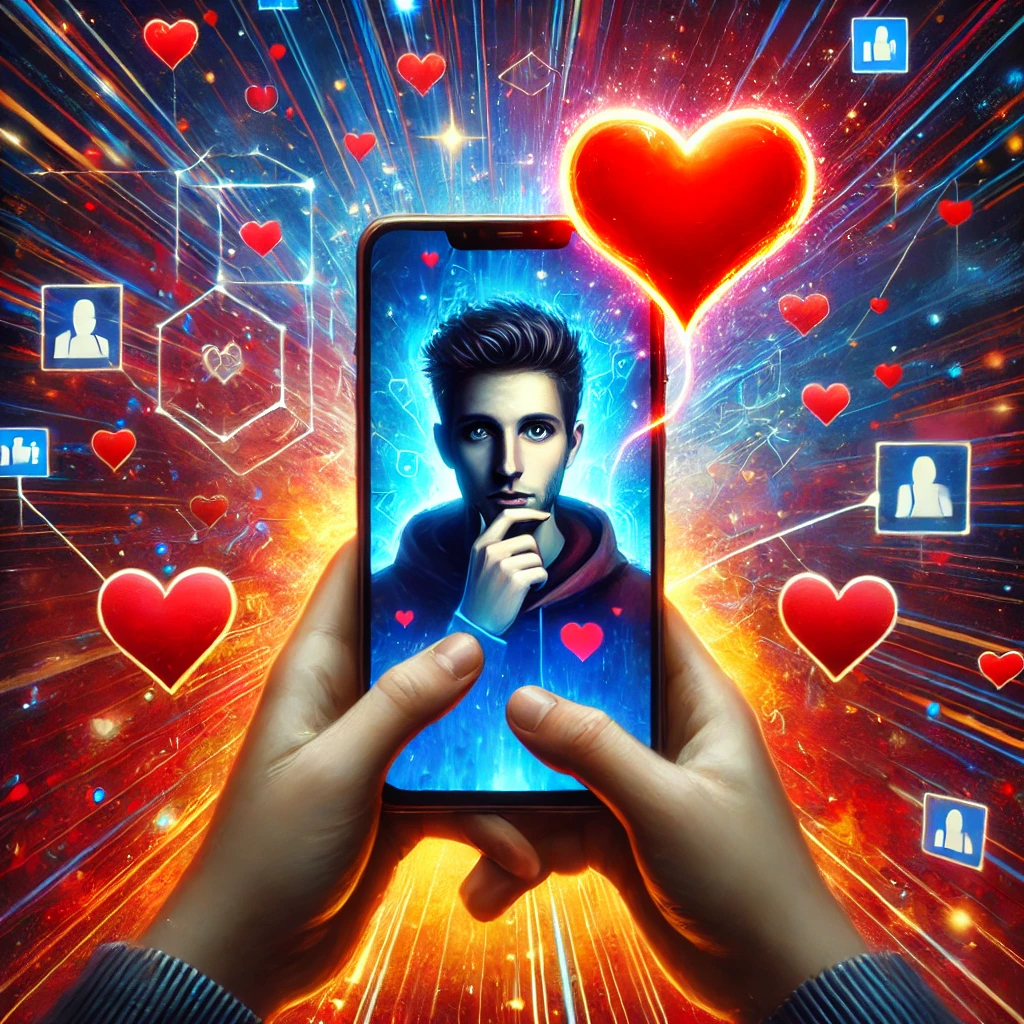 Una ilustración que muestre a una persona mirando su teléfono móvil, con la imagen de un influencer en la pantalla y un corazón flotando entre ambos, representando la conexión emocional unilateral. La imagen debe incluir colores llamativos pero con tonos que reflejen emociones intensas (rojos, naranjas y azules profundos).